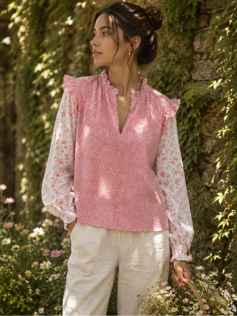RACHEL PARCELL Cottagecore Pink and White Ruffled Long Sleeve Floral Blouse, M
